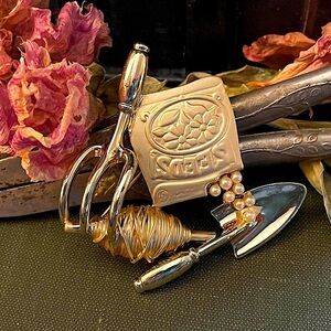 ASHLEY COOPER   Vintage Gardening Tools and Dainty Pearl Seed Bead Brooch Signed